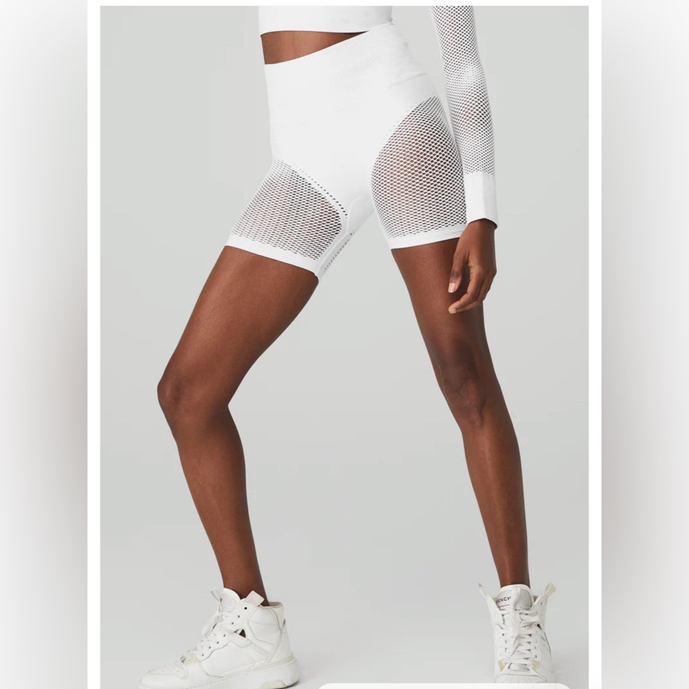 ALO Yoga White High-Waisted Mesh Bike Shorts